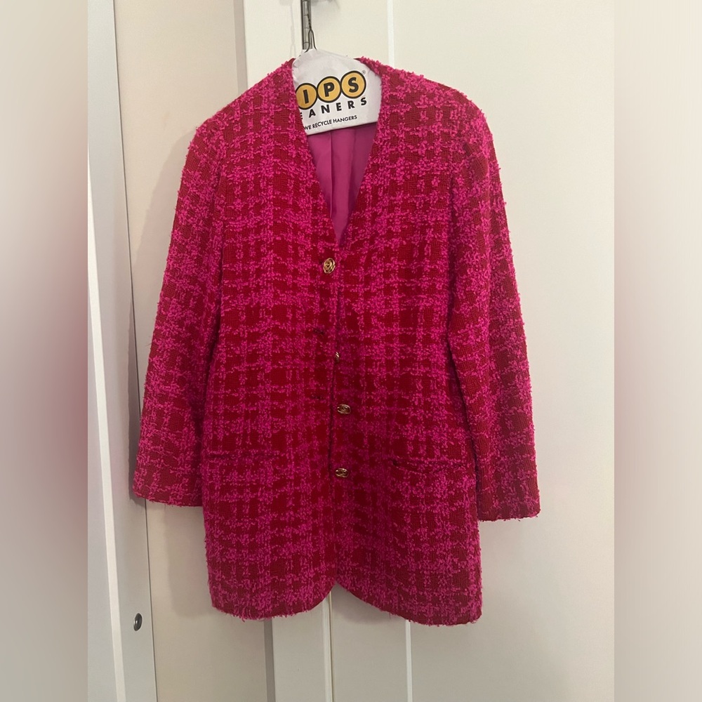 Vintage Pink & Red Tweed Long Blazer Jacket – Gold Rose Buttons (S/M)